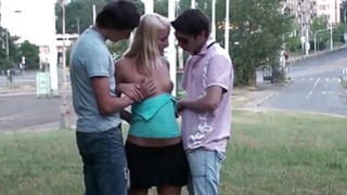PUBLIC gang bang with a pretty teen girl in broad daylight
